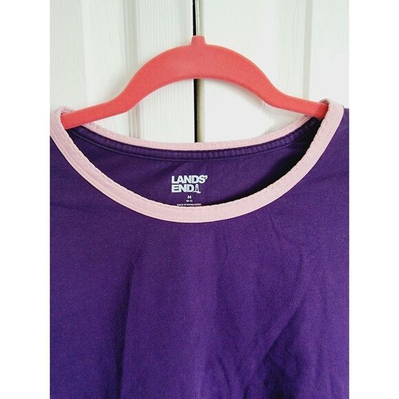 Lands End M Purple Top Long Sleeve Cotton Stretch Pink Neck Trim Round Neck - Picture 3 of 6
